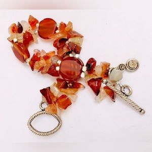 Burnt Orange Rust Red Real Stone Agate Or Carnelian Silver Toggle Bracelet